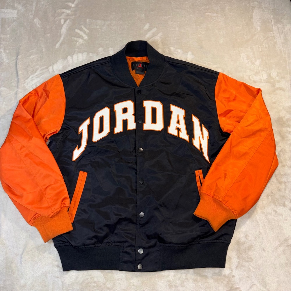 Jordan Mens Black Orange Varsity Bomber Jacket HV0099-011 Satin Snap Front S